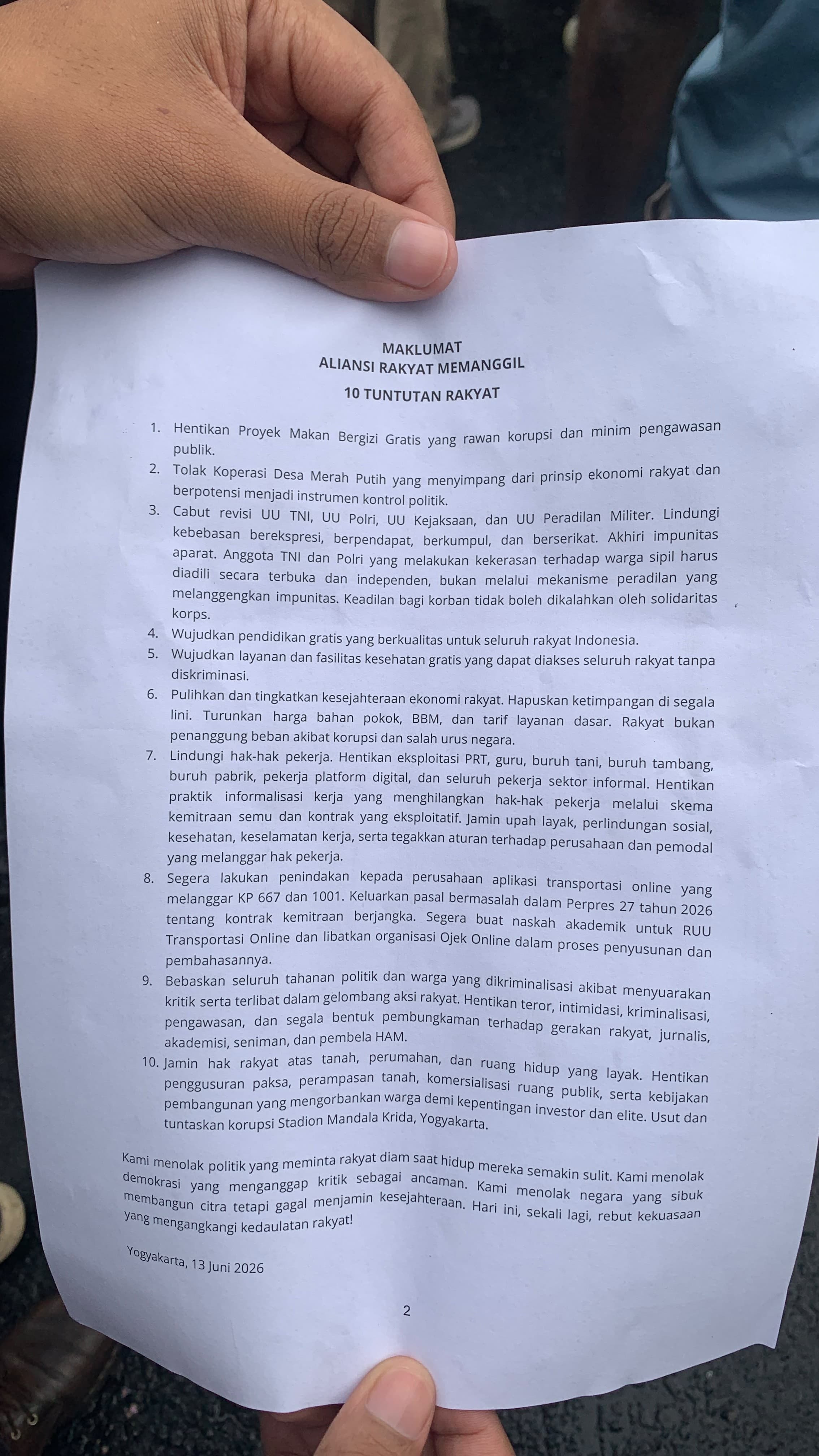 Selebaran maklumat 10 tuntutan rakyat di Gejayan